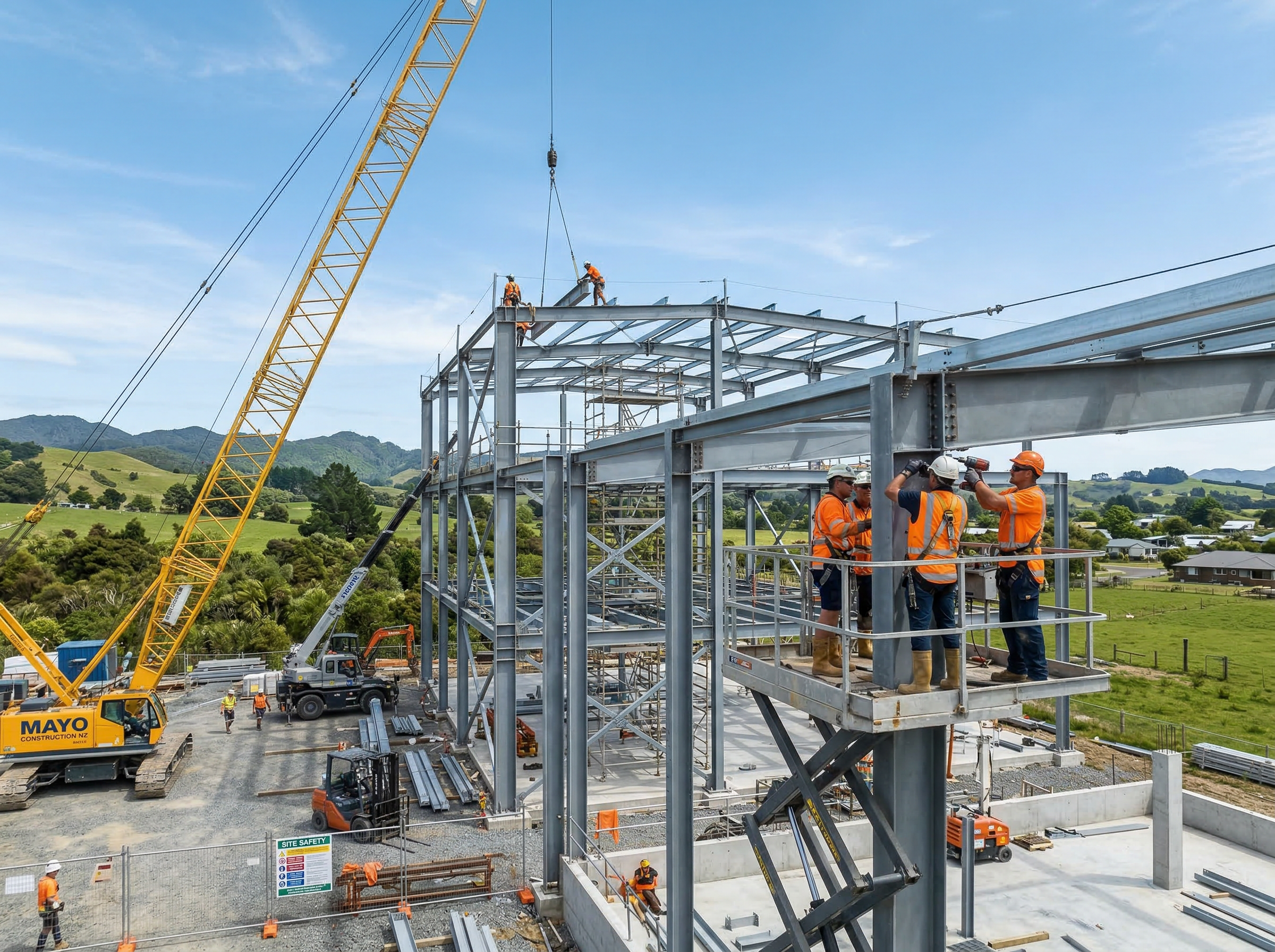Steel frame construction site with workers