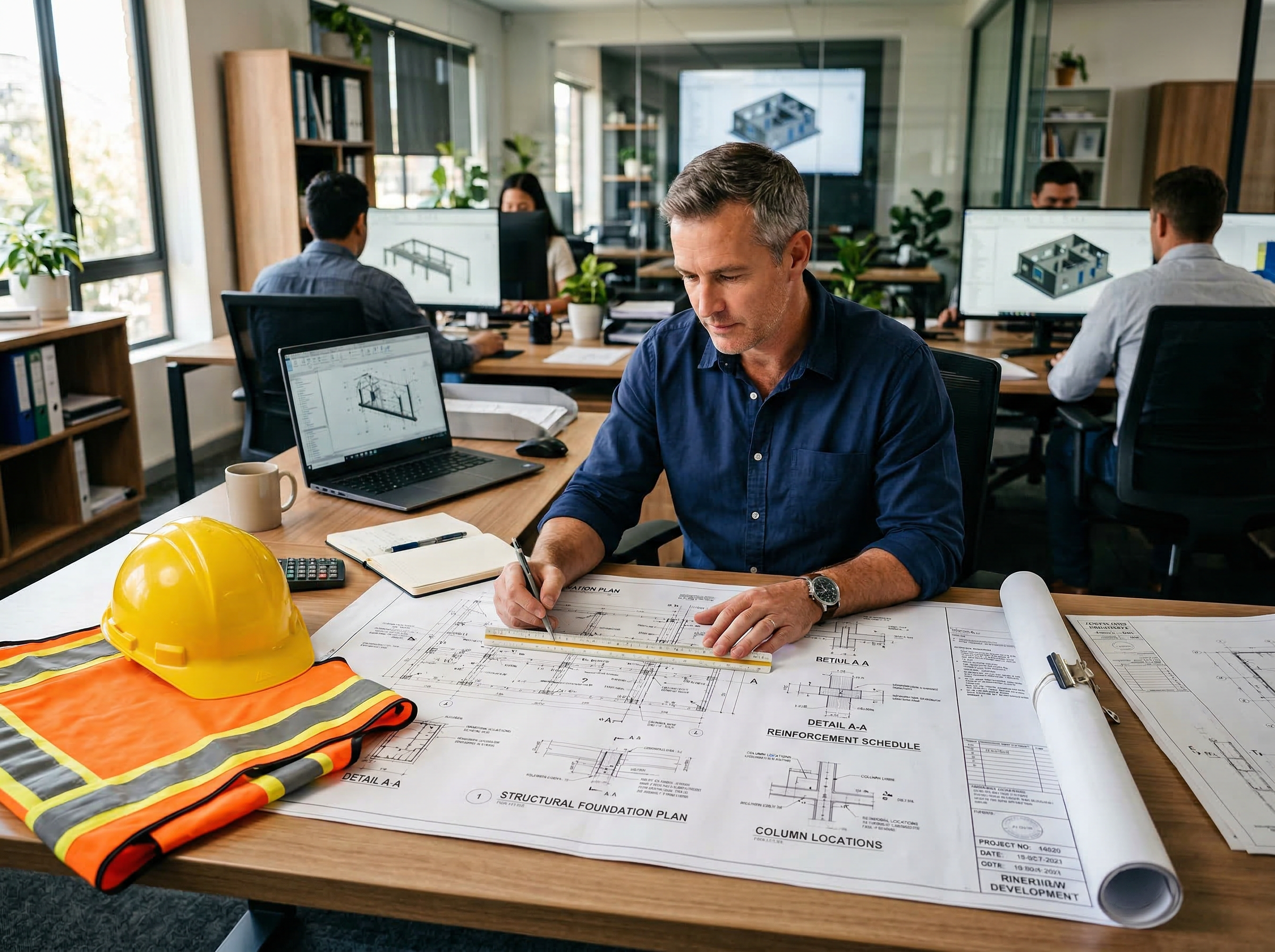 Engineering plans and blueprints on desk