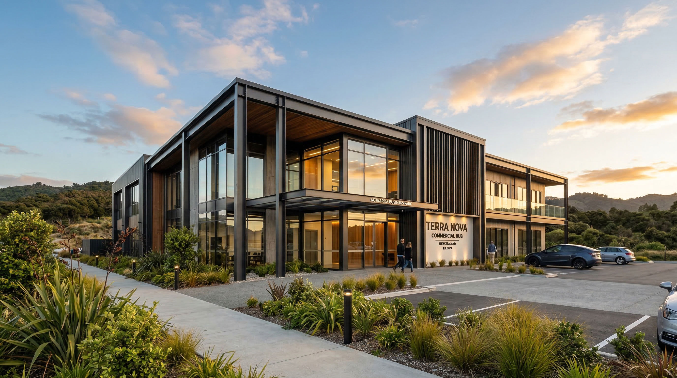 Modern commercial building at golden hour