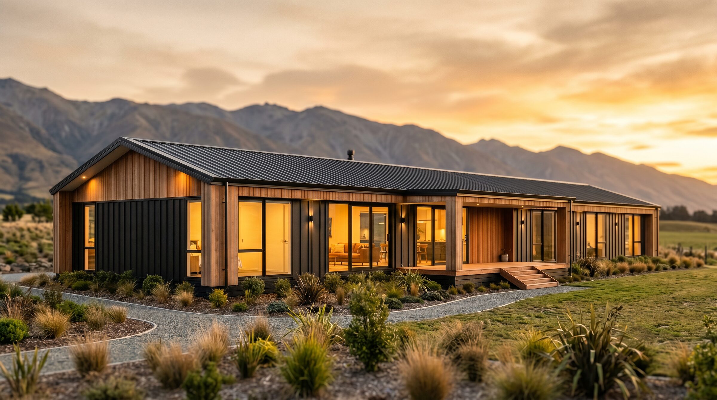 A Solstice home at golden hour with the Southern Alps behind